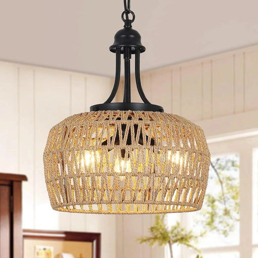 Farmhouse Chandelier for Dining Room, 3-Light Boho Rattan Chandelier Light Fixture Ceiling Hanging with Woven Lampshade, Small Wicker Coastal Pendant Light for Kitchen Bedroom Island Hallway Default -DTYStore
