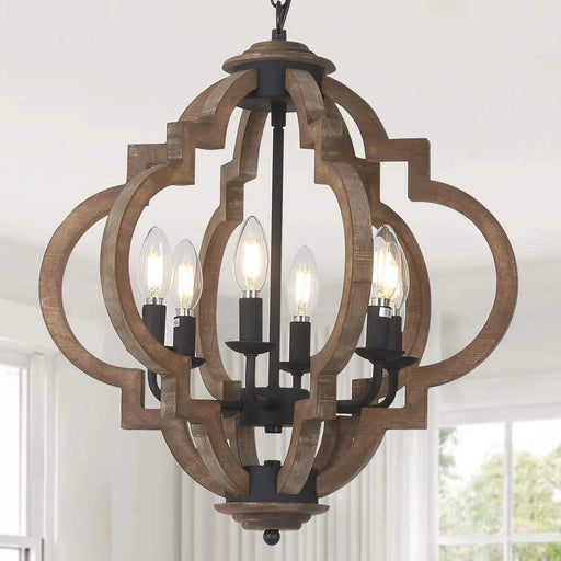 Farmhouse Chandeliers for Dining Room, 6-Light Rustic Dining Room Light Fixture Over Table, Wood Black Hanging Pendant Lights Kitchen Island, Boho Chandelier for Bedrooms Entryway Living Room Default -DTYStore