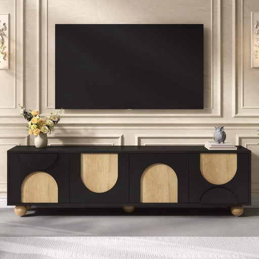 Farmhouse TV Stand with Cable Holes for TVs up to 75', Cream Style Media Console with Rebound Device, Elegant Entertainment Center with 5 Solid Wood Legs for Living Room, Bedroom, Black, 69.6'W Default -DTYStore