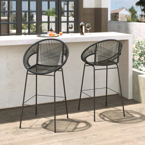 Ferrara Outdoor Patio Barstool Set of 2, Black Faux Wicker PE Rattan with Iron Frame Default -DTYStore