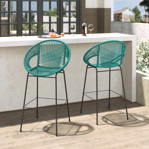 Ferrara Outdoor Patio Teal Faux Wicker Barstool Set, Durable PE Material, Ergonomic Design, Teal Wicker with Black Frame Default -DTYStore