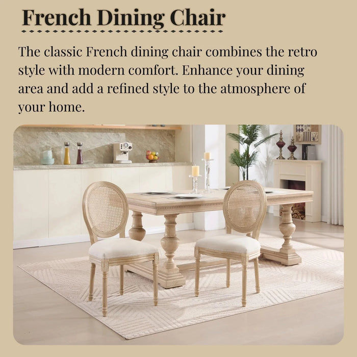 French Country Dining Chairs Set of 2, Upholstered Chairs with Nature Rattan Round Back, Wire drawing and carving techniques ,Disassemblable , for Living Room, Kitchen , Restaurant Use,Beige Default -DTYStore