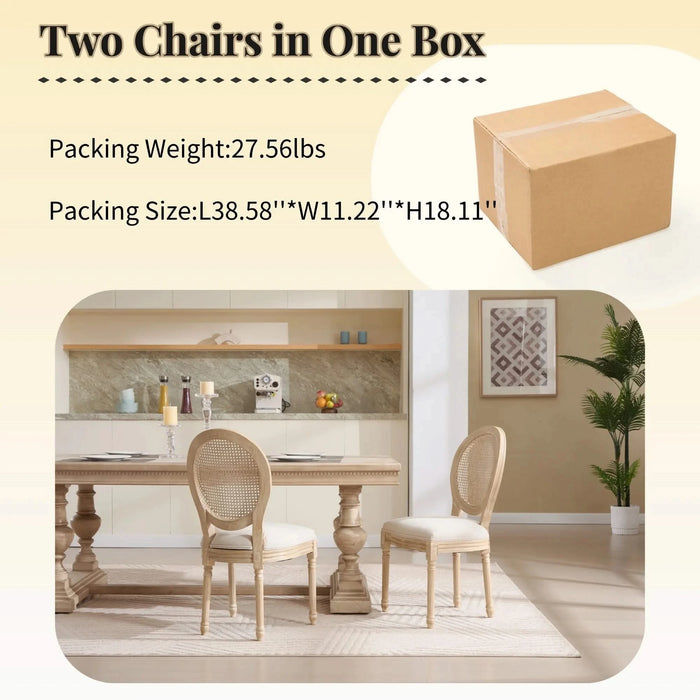 French Country Dining Chairs Set of 2, Upholstered Chairs with Nature Rattan Round Back, Wire drawing and carving techniques ,Disassemblable , for Living Room, Kitchen , Restaurant Use,Beige Default -DTYStore