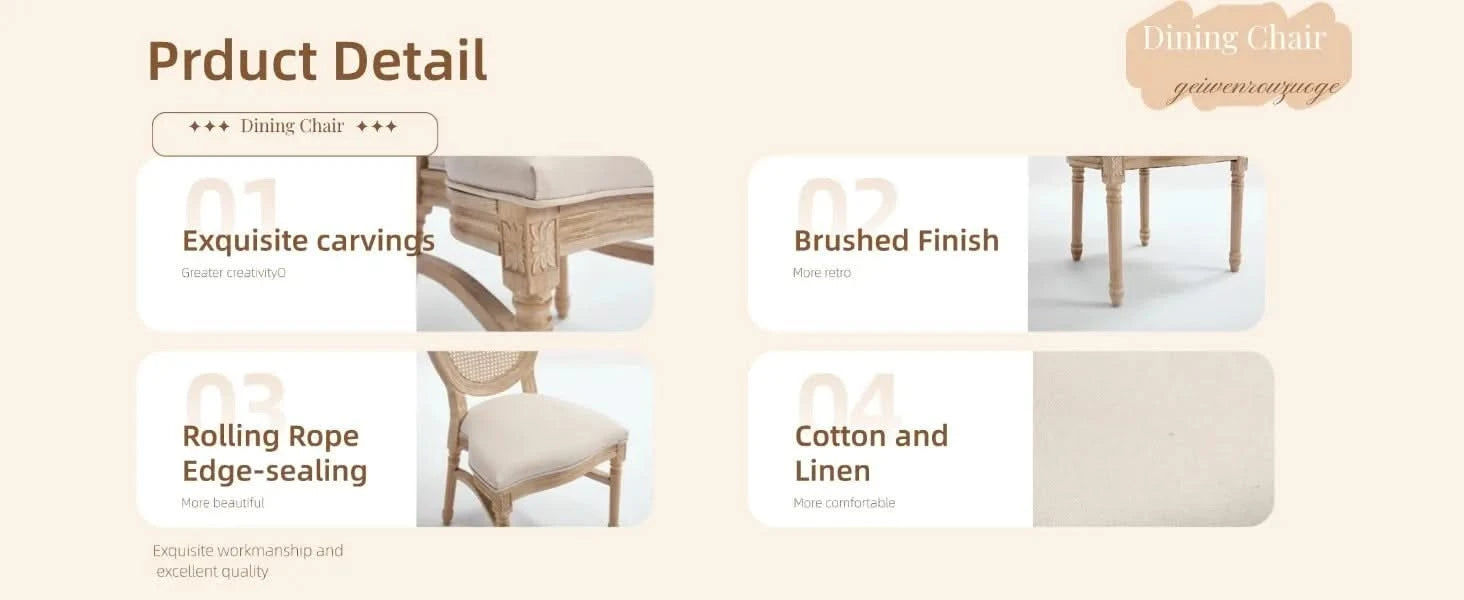 French Country Dining Chairs Set of 2, Upholstered Chairs with Nature Rattan Round Back, Wire drawing and carving techniques ,Disassemblable and Stackable, for Living Room, Kitchen , Restaurant Use Default -DTYStore