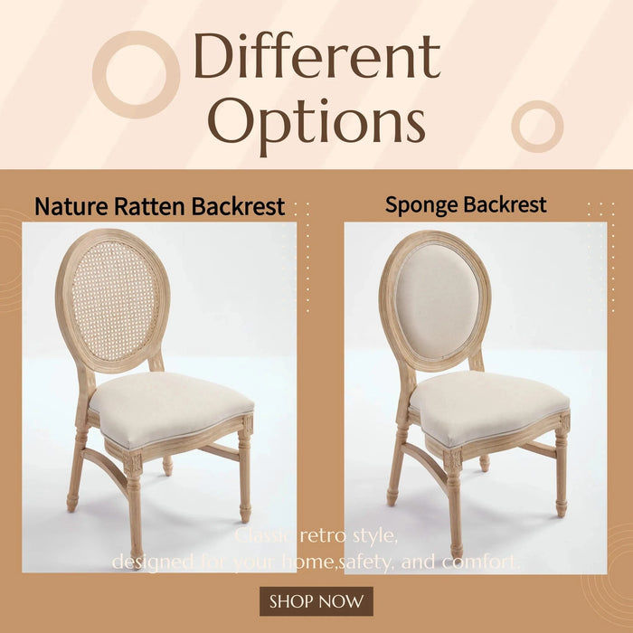 French Country Dining Chairs Set of 2, Upholstered Chairs with Nature Rattan Round Back, Wire drawing and carving techniques ,Disassemblable and Stackable, for Living Room, Kitchen , Restaurant Use Default -DTYStore