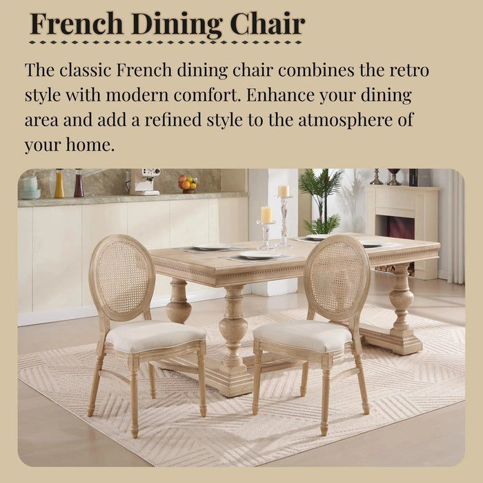 French Country Dining Chairs Set of 2, Upholstered Chairs with Nature Rattan Round Back, Wire drawing and carving techniques ,Disassemblable and Stackable, for Living Room, Kitchen , Restaurant Use Default -DTYStore