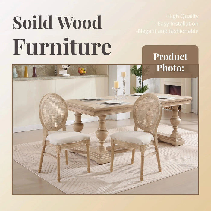 French Country Dining Chairs Set of 2, Upholstered Chairs with Nature Rattan Round Back, Wire drawing and carving techniques ,Disassemblable and Stackable, for Living Room, Kitchen , Restaurant Use Default -DTYStore