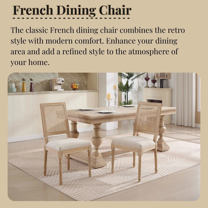 French Country Dining Chairs Set of 2, Upholstered Chairs with Nature Rattan Square Back, Wire drawing and carving techniques ,Disassemblable , for Living Room, Kitchen , Restaurant Use,Beige Default -DTYStore