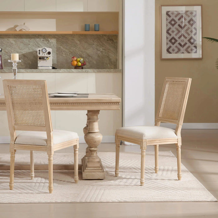French Country Dining Chairs Set of 2, Upholstered Chairs with Nature Rattan Square Back, Wire drawing and carving techniques ,Disassemblable , for Living Room, Kitchen , Restaurant Use,Beige Default -DTYStore