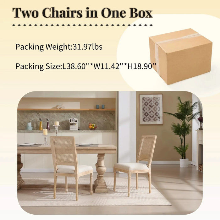 French Country Dining Chairs Set of 2, Upholstered Chairs with Nature Rattan Square Back, Wire drawing and carving techniques ,Disassemblable , for Living Room, Kitchen , Restaurant Use,Beige Default -DTYStore