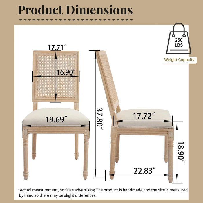French Country Dining Chairs Set of 2, Upholstered Chairs with Nature Rattan Square Back, Wire drawing and carving techniques ,Disassemblable , for Living Room, Kitchen , Restaurant Use,Beige Default -DTYStore