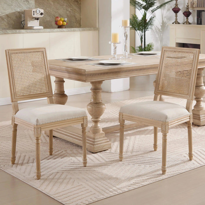 French Country Dining Chairs Set of 2, Upholstered Chairs with Nature Rattan Square Back, Wire drawing and carving techniques ,Disassemblable , for Living Room, Kitchen , Restaurant Use,Beige Default -DTYStore