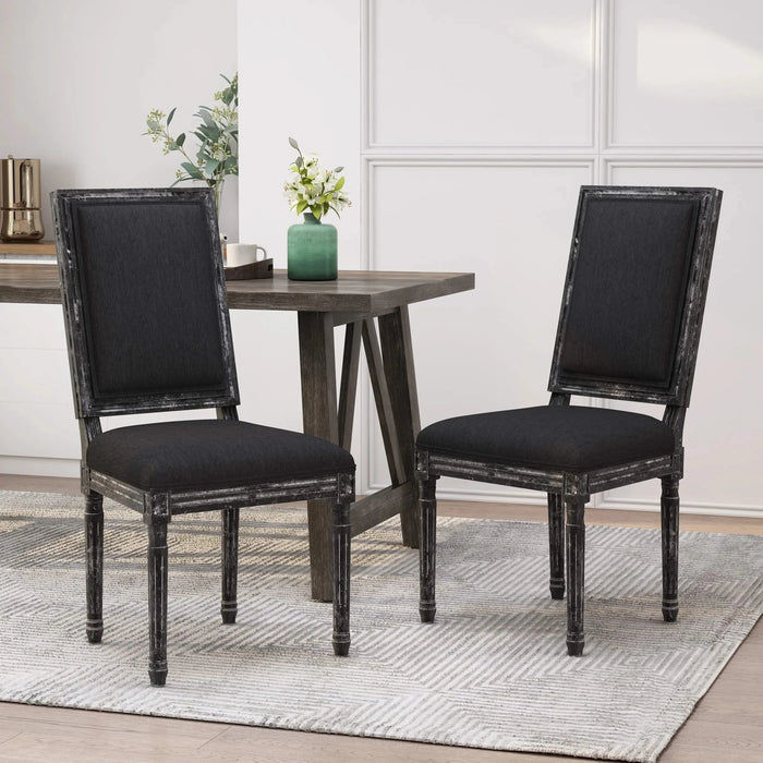French Country Style Dining Chair Set with Upholstered Seating and Fluted Legs in Black Fabric Default -DTYStore