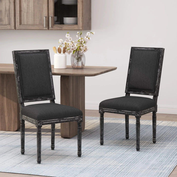 French Country Style Dining Chair Set with Upholstered Seating and Fluted Legs in Black Fabric Default -DTYStore