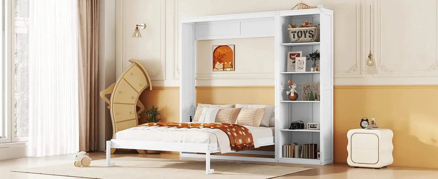 Full Size Murphy Bed Wall Bed with Shelves,White Default -DTYStore