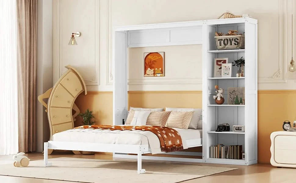 Full Size Murphy Bed Wall Bed with Shelves,White Default -DTYStore