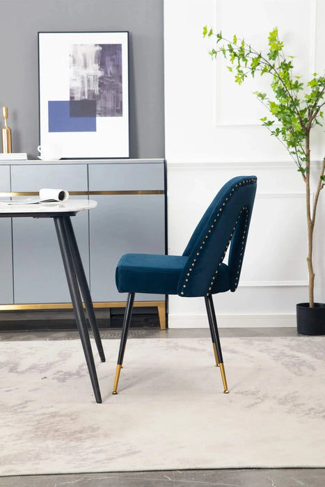 Furniture,Akoya Collection Modern | Contemporary Velvet Upholstered Dining Chair with Nailheads and Gold Tipped Black Metal Legs,Blue,Set of 2 Default -DTYStore