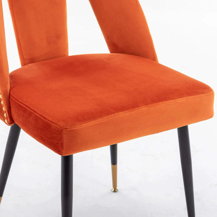 Furniture,Akoya Collection Modern | Contemporary Velvet Upholstered Dining Chair with Nailheads and Gold Tipped Black Metal Legs, Orange，Set of 2 Default -DTYStore