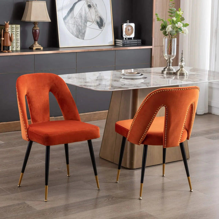 Furniture,Akoya Collection Modern | Contemporary Velvet Upholstered Dining Chair with Nailheads and Gold Tipped Black Metal Legs, Orange，Set of 2 Default -DTYStore