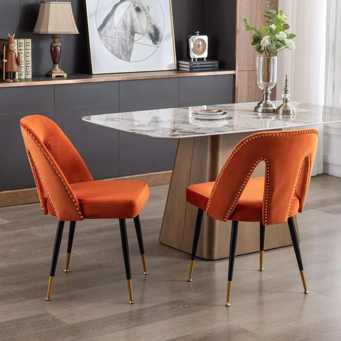 Furniture,Akoya Collection Modern | Contemporary Velvet Upholstered Dining Chair with Nailheads and Gold Tipped Black Metal Legs, Orange，Set of 2 Default -DTYStore