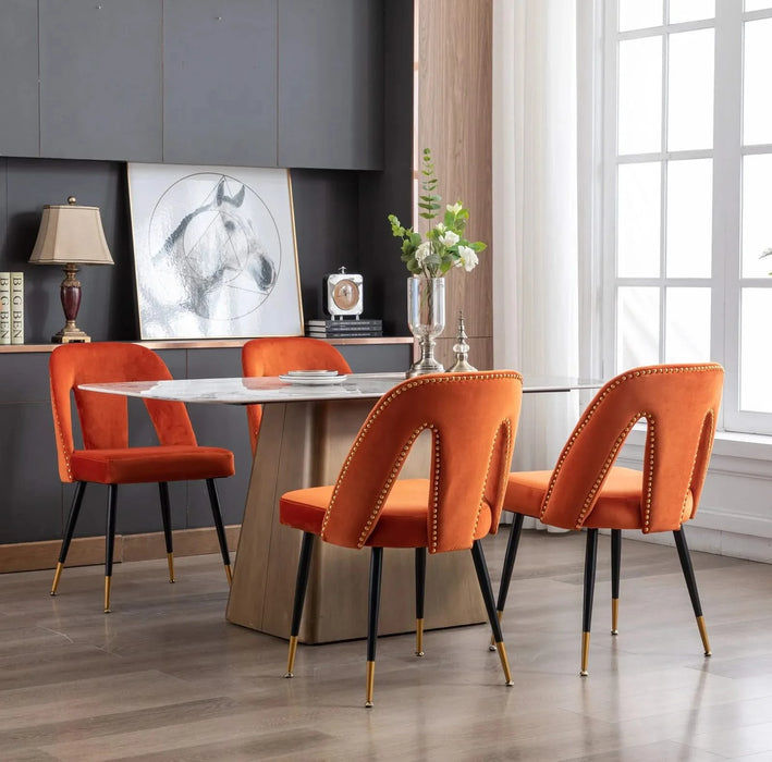 Furniture,Akoya Collection Modern | Contemporary Velvet Upholstered Dining Chair with Nailheads and Gold Tipped Black Metal Legs, Orange，Set of 2 Default -DTYStore