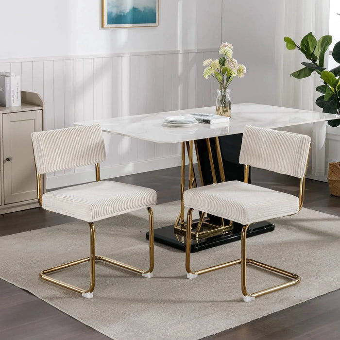 Furniture,Modern Dining Chairs with Corduroy Fabric,Gold Metal Base, Accent Armless Kitchen Chairs with Channel Tufting, Side Chairs, Set of 2, Beige Default -DTYStore