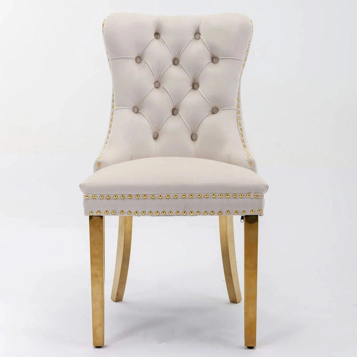 Furniture,Nikki Collection Modern, High-end Tufted Solid Wood Contemporary Velvet Upholstered Dining Chair with Golden Stainless Steel Plating Legs,Nailhead Trim,Set of 2,Beige and Gold, SW1601BG Default -DTYStore