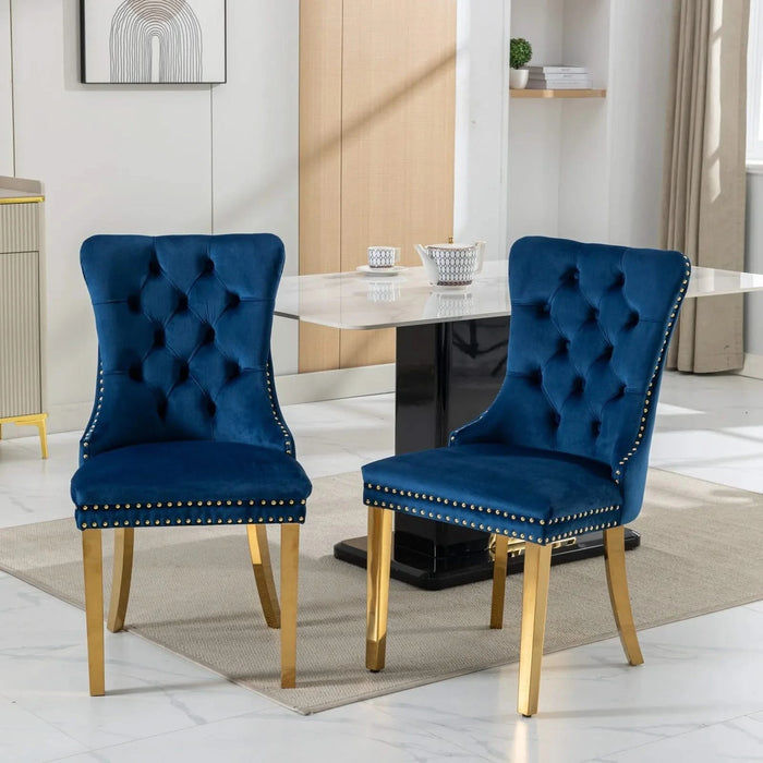 Furniture,Nikki Collection Modern, High-end Tufted Solid Wood Contemporary Velvet Upholstered Dining Chair with Golden Stainless Steel Plating Legs,Nailhead Trim,Set of 2,Blue and Gold, SW1601BL Default -DTYStore