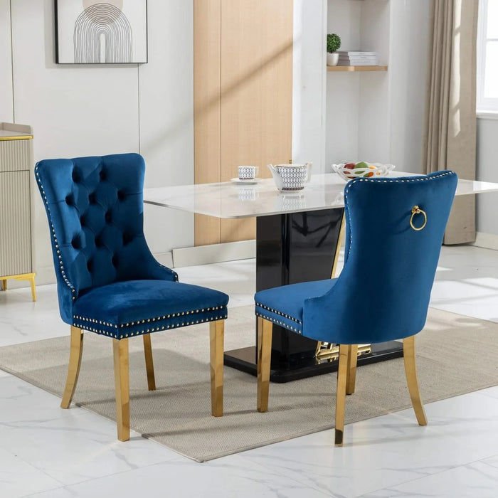 Furniture,Nikki Collection Modern, High-end Tufted Solid Wood Contemporary Velvet Upholstered Dining Chair with Golden Stainless Steel Plating Legs,Nailhead Trim,Set of 2,Blue and Gold, SW1601BL Default -DTYStore