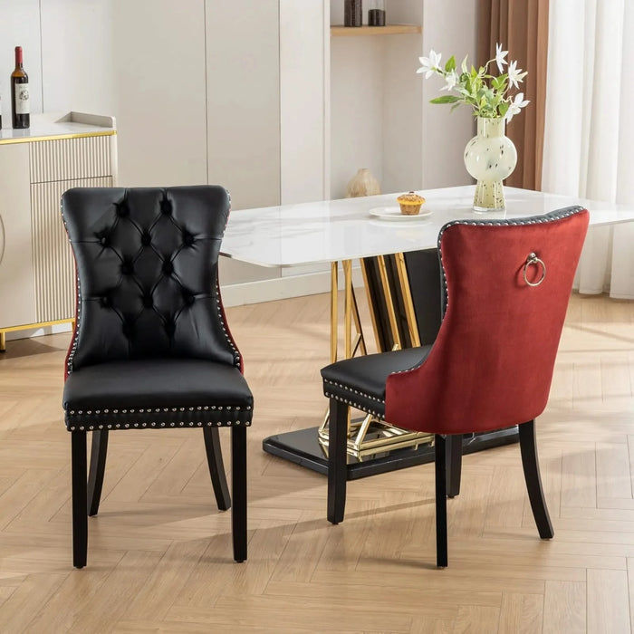 Furniture, Nikki Collection Modern, High-end Tufted Solid Wood Contemporary PU and Velvet Upholstered Dining Chair with Wood Legs Nailhead Trim 2-Pcs Set, Black+WineRed, Burgundy,SW2101BW Default -DTYStore
