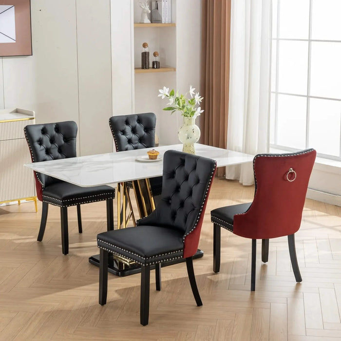 Furniture, Nikki Collection Modern, High-end Tufted Solid Wood Contemporary PU and Velvet Upholstered Dining Chair with Wood Legs Nailhead Trim 2-Pcs Set, Black+WineRed, Burgundy,SW2101BW Default -DTYStore
