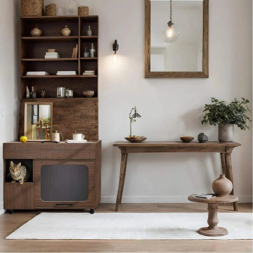 Furniture Style Multi-use Cat Litter Box House with Storage Walnut Particle Board MDF Default -DTYStore
