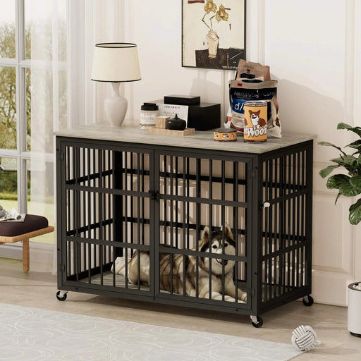Furniture style dog crate wrought iron frame door with side openings, Grey, 43.3''W x 29.9''D x 33.5''H. Default -DTYStore