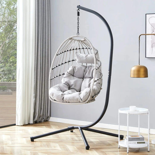 GRHeavy-Duty Iron Hanging Chair with Wicker Weave – Single Person Swing for Indoor/Outdoor (Gray) Default -DTYStore