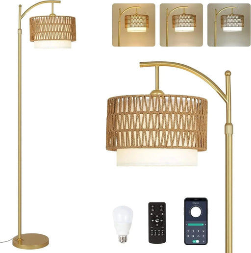 Gold Floor Lamps for Living Room with Remote & Dimmable LED Bulb, Modern Arc Floor Lamp with 3 Color Temperatures, Boho Standing Lamp with Rattan & Fabric Shades, Adjustable Tall Lamp for Bedroom Default -DTYStore