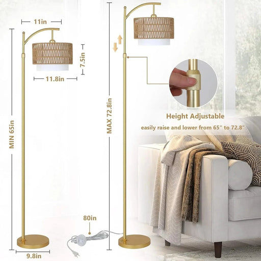 Gold Floor Lamps for Living Room with Remote & Dimmable LED Bulb, Modern Arc Floor Lamp with 3 Color Temperatures, Boho Standing Lamp with Rattan & Fabric Shades, Adjustable Tall Lamp for Bedroom Default -DTYStore