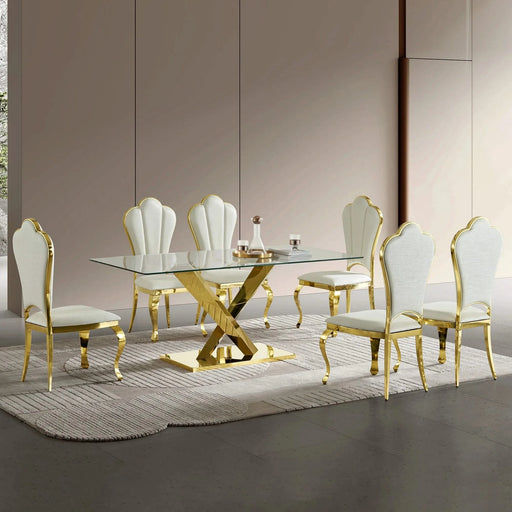 Gold stainless steel dining table 70.08 inch clear tempered glass top Default -DTYStore
