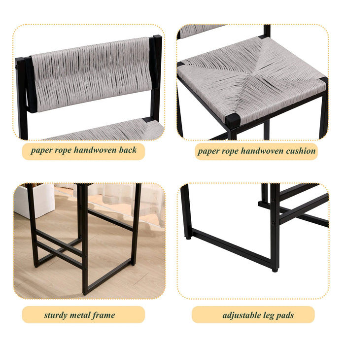 Gray Set of 2 Hand Weave Bar Stools with Back Counter Height Bar Chairs Paper Rope Woven Dining Stool Default -DTYStore