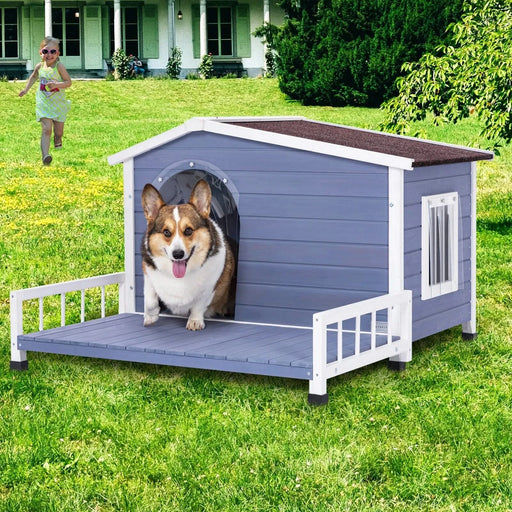 Grey Solid Wood Large Dog House with Terrace and Waterproof Asphalt Roof for Indoor Outdoor Use Default -DTYStore