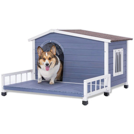Grey Solid Wood Large Dog House with Terrace and Waterproof Asphalt Roof for Indoor Outdoor Use Default -DTYStore