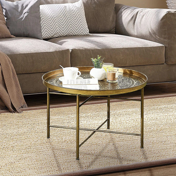 HOMCOM 24' Round Coffee Table with Hammered Tray Top, Vintage Metal Center Table for Living Room, Bedroom, Side Table, Gold Default -DTYStore