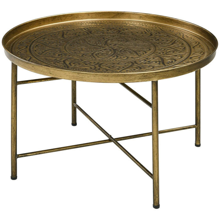 HOMCOM 24' Round Coffee Table with Hammered Tray Top, Vintage Metal Center Table for Living Room, Bedroom, Side Table, Gold Default -DTYStore