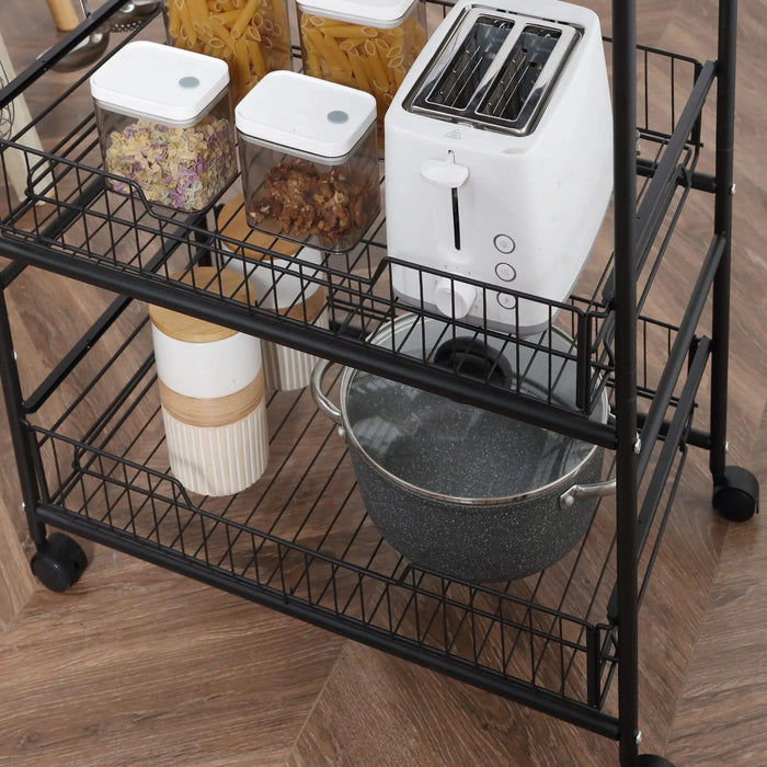 HOMCOM 3 Tier Rolling Kitchen Cart with Storage, Kitchen Island Cart on Wheels with 2 Sliding Fruit Basket, Microwave Cart with Side Hooks for Dining Room, Brown Default -DTYStore