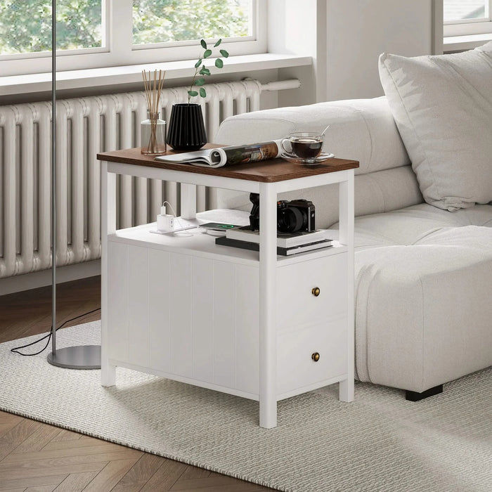 HOMCOM Modern End Table with Charging Station and USB Ports, Narrow Side Table with Drawers & Shelf for Living Room, White Default -DTYStore