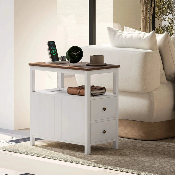 HOMCOM Modern End Table with Charging Station and USB Ports, Narrow Side Table with Drawers & Shelf for Living Room, White Default -DTYStore