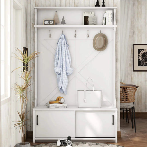 Hall Tree with Top Shelf and Storage Bench, Hallway Shoe Cabinet with Sliding Doors, Coat Rack with 5 Hanging Hooks for Entryways Hallways,White Default -DTYStore