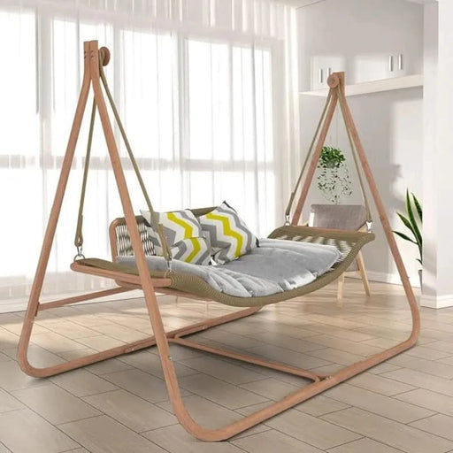 Hammock Swing Chair with Stand for Indoor,Outdoor, Anti-Rust Wood-Colored Frame 570 lbs Capacity with Cushion Oversized Double Hammock Chair for Patio Balcony Bedroom Ban on Amazon(OLD W1132P155978) Default -DTYStore