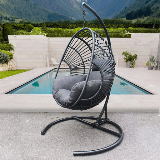 High Quality Outdoor Indoor Black color PE Wicker Swing Egg chair with Antracite Color Cushion And Black Color Base Default -DTYStore