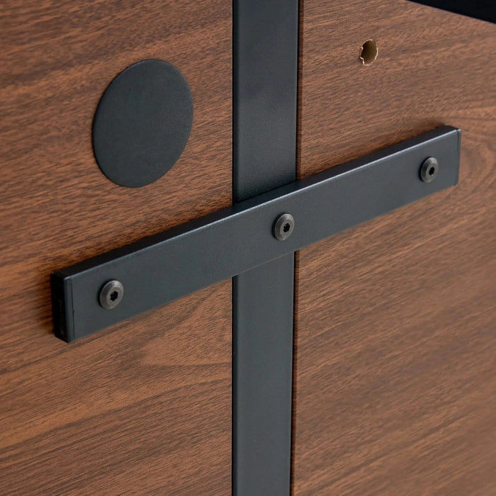 Industrial Rectangular MDF Walnut Color Wood Grain Dining Table for 4-6 people with 1.5 inch thick MDF top and black metal legs for desks, kitchens, patios, dining rooms. Default -DTYStore