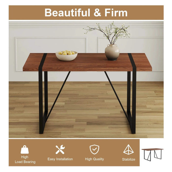 Industrial Rectangular MDF Walnut Color Wood Grain Dining Table for 4-6 people with 1.5 inch thick MDF top and black metal legs for desks, kitchens, patios, dining rooms. Default -DTYStore
